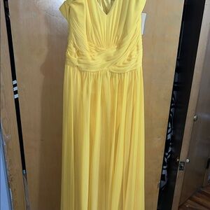David's Bridal Yellow Ruched Gown with Flutter Cap Sleeves